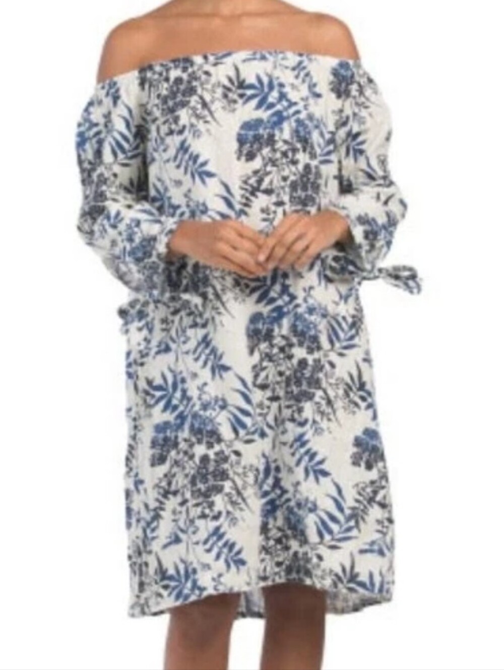 Valentina Naldi 100% Linen Off-Shoulder White Dress with Blue Floral Print